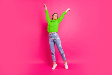 Fulll length photo of lovely lady stretching her arms awaking wearing yellow knitted jumper dotted...