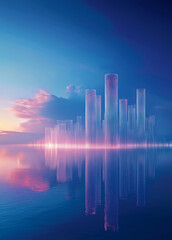 Fototapeta premium Futuristic Urban Elegance Serene Blue Horizons with Skyscraper Reflections for Modern Property Launch Aesthetic City Landscape Banner Abstract Lines Background