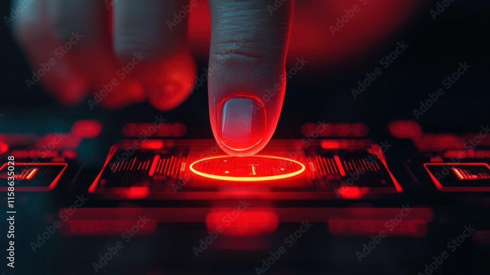 Poster a finger pressing a glowing red button on a high-tech interface.