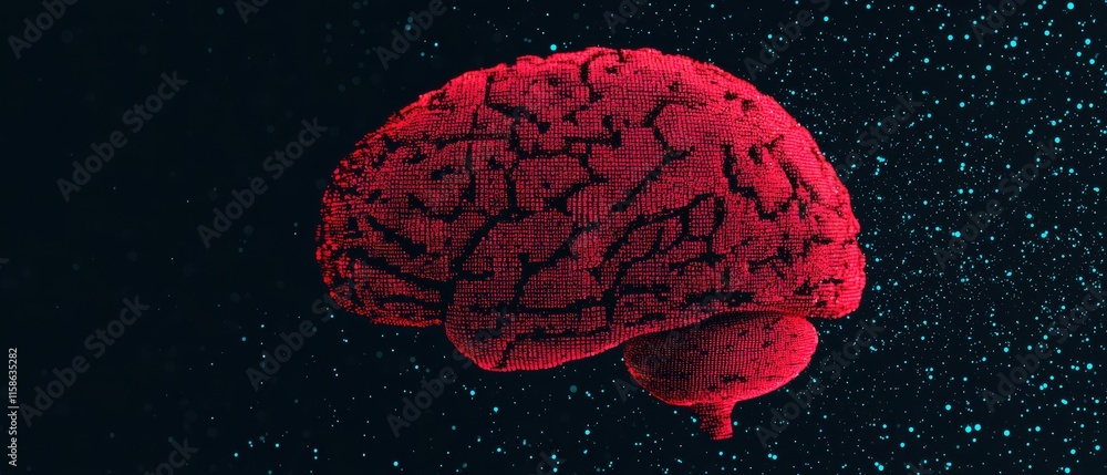 Poster visual representation of a digital brain with a red hue against a dark background.