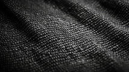 A close-up view of textured black fabric, showcasing its intricate weave and smooth folds.