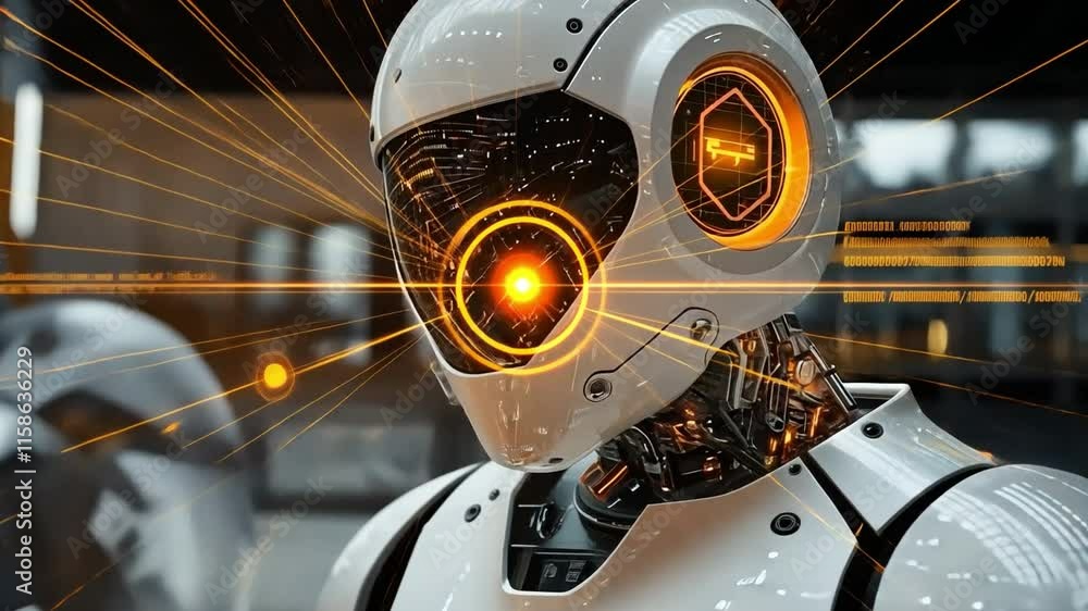 Aufkleber The Future is Now: A futuristic, white humanoid robot with glowing orange eyes and intricate machinery stands as a symbol of technological advancement. The robot's gaze is intense.