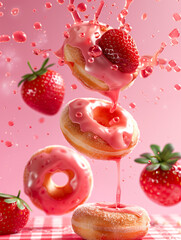 strawberry glazed donuts ad, delicious, tasty sugar, dessert, strawberry frosted doughnuts