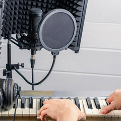 A professional artist writes new verses for a song in a home studio, creating new music. A composer...