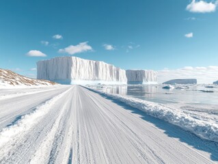 Obraz premium A stunning landscape of icebergs and snow-covered rocks against a serene sea under a bright blue sky, highlighting the pristine beauty of a polar region.