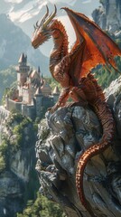 Fototapeta premium Majestic dragon perched on rocky cliff overlooking a medieval castle in a fantastical landscape
