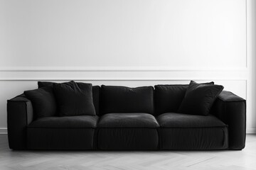 Modern black sofa in a minimalist interior setting with white walls and hardwood flooring