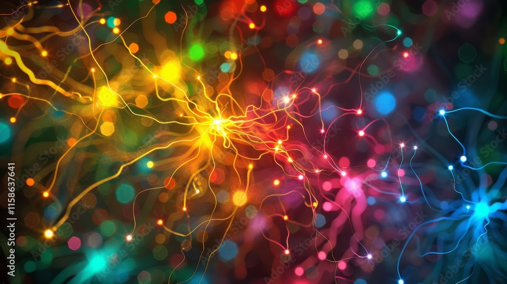 Poster colorful abstract representation of neural connections and synapses in a vibrant digital art piece