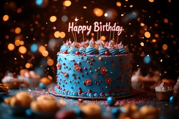 Festive blue birthday cake with sparklers and sprinkles.