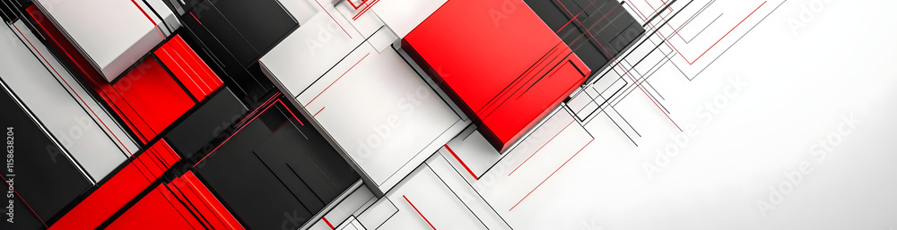 Poster abstract geometric composition with red and black squares and lines on white background