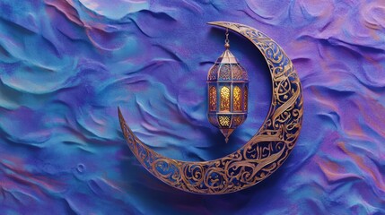 Ramadan Kareem: Ornate Crescent Moon with Intricate Hanging Lantern