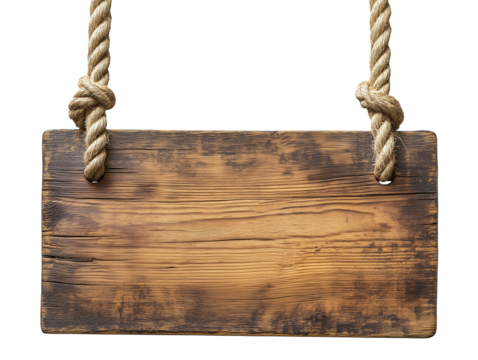 old weathered round wooden sign board hang on a rope, rustic oak wood blank panel, cutout png