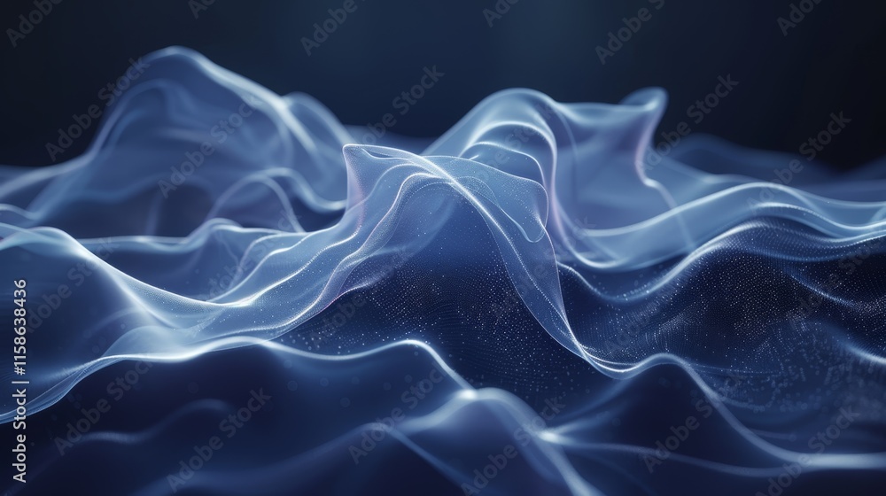 Poster digital rendering of abstract flowing waves in blue tones, creating a serene atmosphere that evokes 