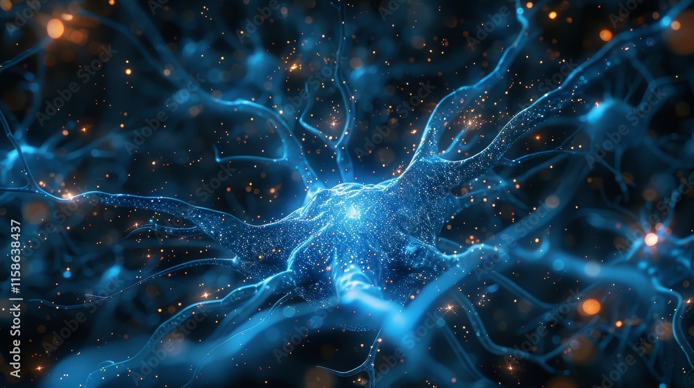 Poster detailed visualization of a neuron with glowing connections depicting neural activity in a digital a
