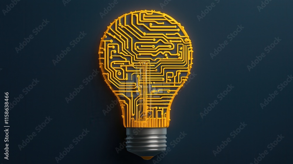 Poster a stylized light bulb with intricate yellow circuitry designs, symbolizing innovation and the fusion