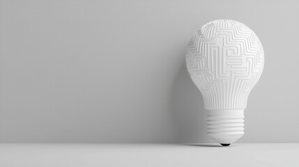 A minimalistic white light bulb rests against a smooth gray wall, symbolizing innovation and creativity in design.