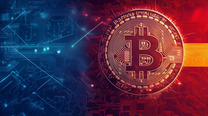 Bitcoin coin illuminated with red and blue colors on a detailed circuit board background representing technology.