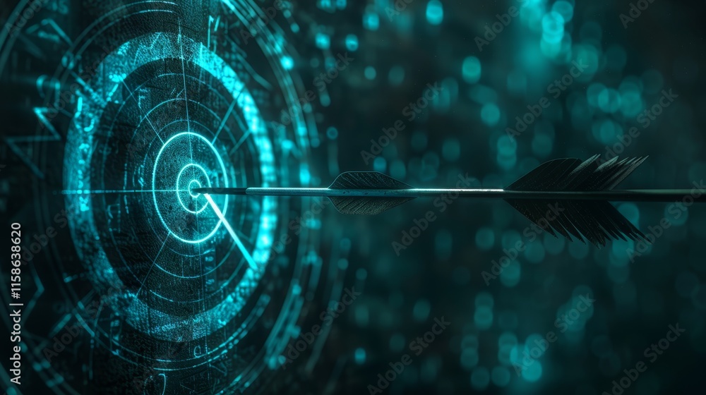 Poster digital archery target with glowing interface featuring a dart aimed at the center in a futuristic s