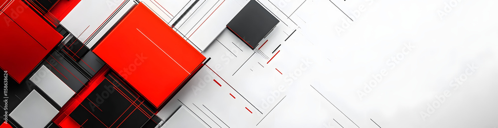 Poster abstract geometric composition with red and black squares and lines on white background