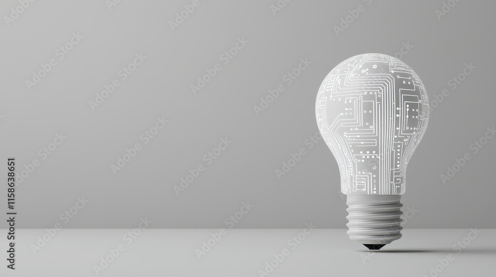 Poster a lightbulb designed with a circuit board pattern, symbolizing innovation and technology against a m