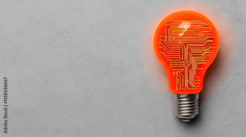 Poster a glowing red light bulb with a circuit pattern, symbolizing innovation and technology against a gra