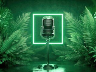 A retro-style microphone is spotlighted in a lush, green environment, framed by a glowing neon...