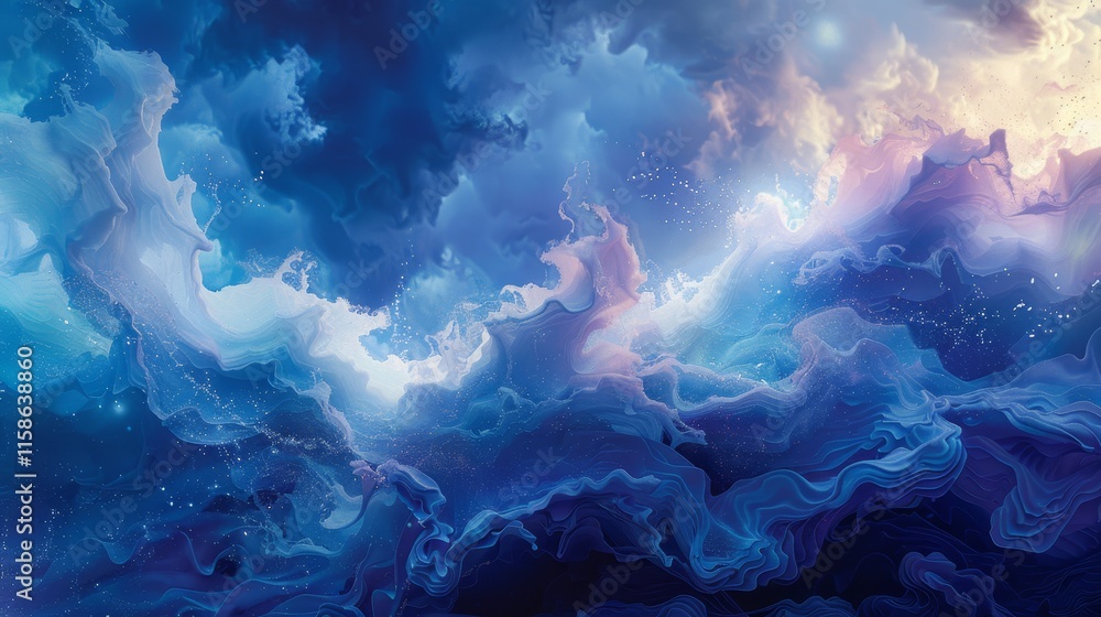 Poster surreal blend of blues and whites creates a dreamlike oceanic atmosphere with dynamic wave patterns