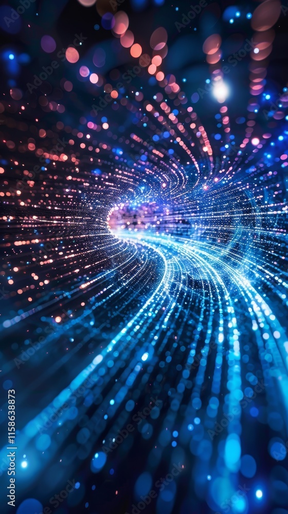 Poster colorful abstract design with glowing particles creating a dynamic swirling effect in a dark backgro