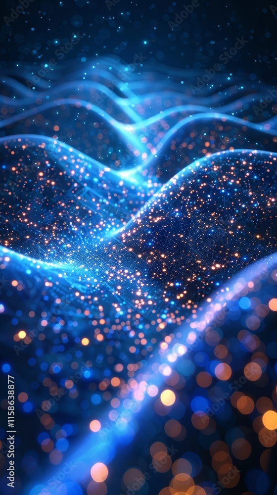 Poster vibrant blue waves of light and sparkling particles create a mesmerizing visual experience