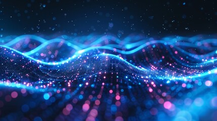 Vibrant waves of blue and pink light create a mesmerizing abstract digital landscape