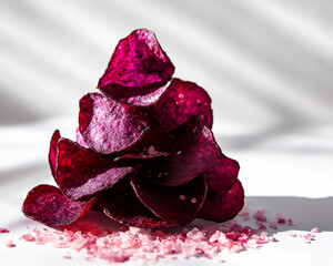 Artfully lit pyramid of beetroot chips with Himalayan salt on a white backdrop.