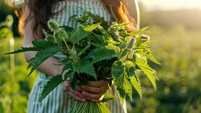 close-up of a woman holding a nettle in her hands. Selective focus