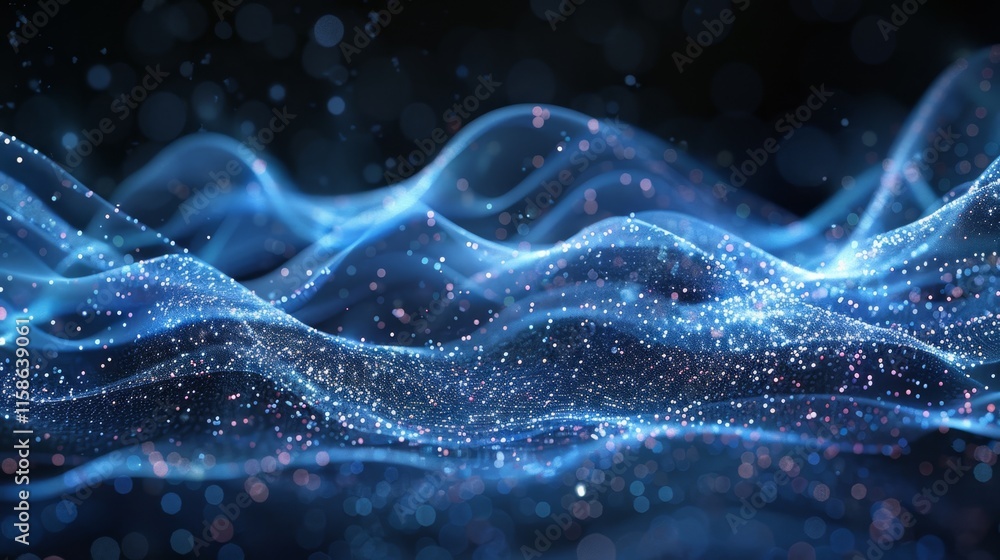 Poster gentle waves of glowing particles create a mesmerizing visual effect in a dark setting with soft blu