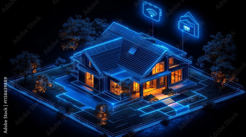 Poster a modern smart home visualized with glowing features and digital icons hovering above.