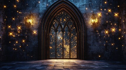 Magical gothic archway with starry night view.