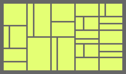 Dimensions 16x9 trendy bento grid layout style brick Ui UX templates. Web comic grids with right angles. Different panel layouts with y2k and brutal shapes tiles of different sizes Vector illustration