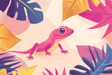 Obraz premium Playful pink gecko surrounded by tropical leaves on a colorful background, embodying exotic summer vibes and whimsy. Perfect for creative and vibrant themes.