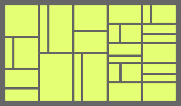 Dimensions 16x9 trendy bento grid layout style brick Ui UX templates. Web comic grids with right angles. Different panel layouts with y2k and brutal shapes tiles of different sizes Vector illustration