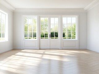 Obraz premium A serene empty living room features vintage oak flooring and large windows with striped walls, inviting natural light and greenery views.
