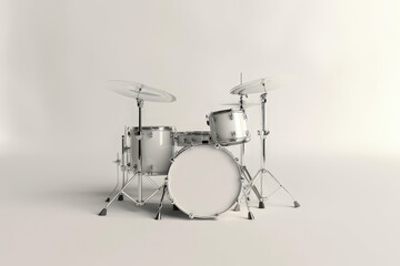 A simple, modern drum set featuring a bass drum, snare, and cymbals isolated on white background