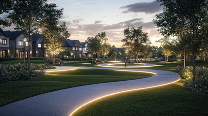 Obraz premium Illuminated pathway winds through a residential park at dusk.