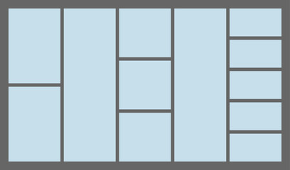 Dimensions 16x9 trendy bento grid layout style brick Ui UX templates. Web comic grids with right angles. Different panel layouts with y2k and brutal shapes tiles of different sizes Vector illustration