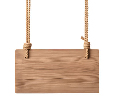 wooden sign board hang on a rope, oak wood blank panel, cutout png