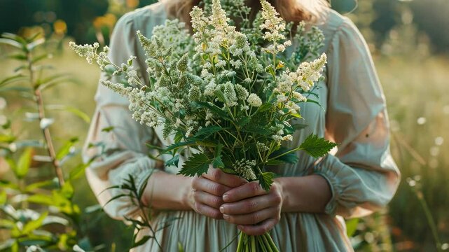 close-up of a woman holding flowers of her stepmother. Selective focus