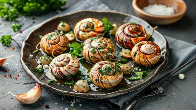 close-up of a dish of snails and greens. Selective focus