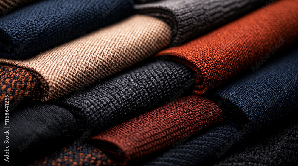 Poster high resolution image of fabric bolts stacked in various colors and textures, showcasing rich patter