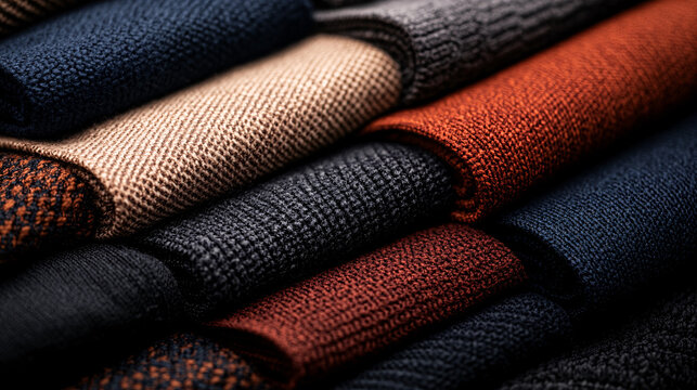 High resolution image of fabric bolts stacked in various colors and textures, showcasing rich patterns and materials