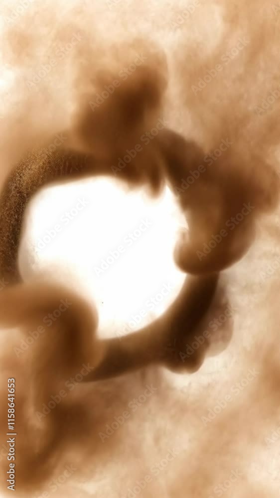 Poster abstract design with swirling brown and beige tones forming a circular pattern reminiscent of smoke 