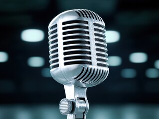 A classic studio microphone is captured in a cinematic 8K still. The focus is on the microphone against a blurred backdrop with cool lighting.