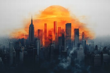 Fototapeta premium Stunning sunset over a modern city skyline with vibrant colors and silhouettes